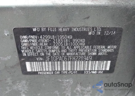 2015 Subaru Impreza 2.0I Premium z USA, uszkodzony, nr VIN JF1GPAC67FH221949